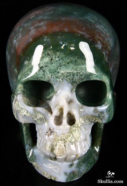 Geode Huge 5.2" Green Moss Agate Carved Crystal Skull, Realistic Geode Huge 5.2" Green Moss Agate Carved Crystal Skull, Realistic