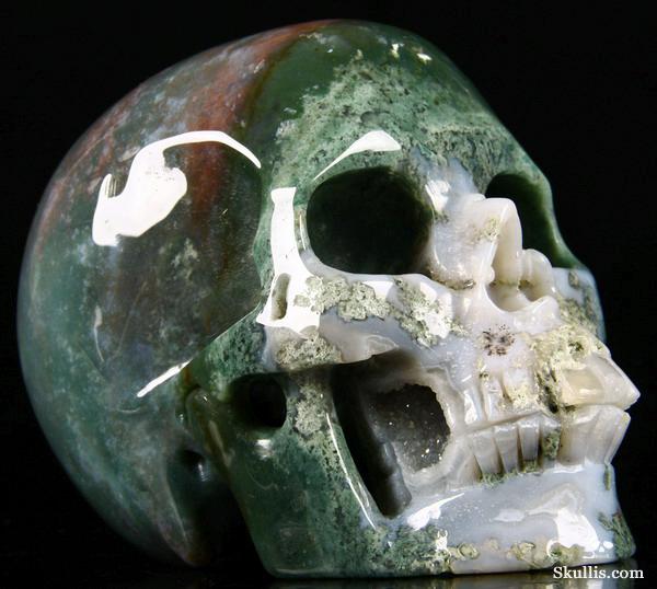 Geode Huge 5.2" Green Moss Agate Carved Crystal Skull, Realistic Geode Huge 5.2" Green Moss Agate Carved Crystal Skull, Realistic