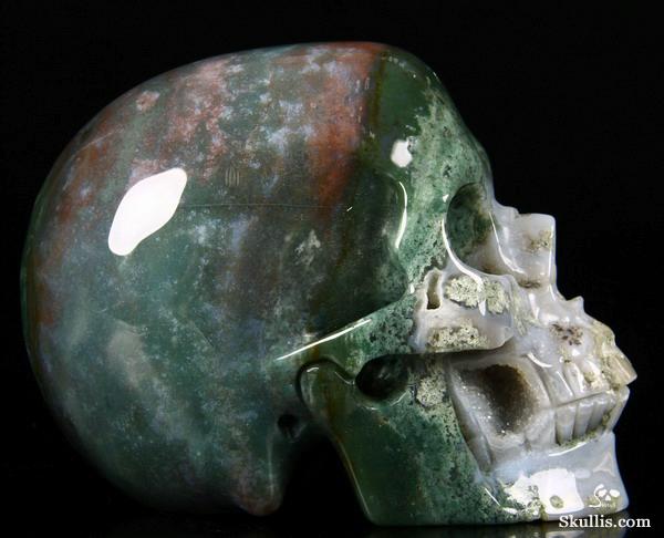 Geode Huge 5.2" Green Moss Agate Carved Crystal Skull, Realistic Geode Huge 5.2" Green Moss Agate Carved Crystal Skull, Realistic