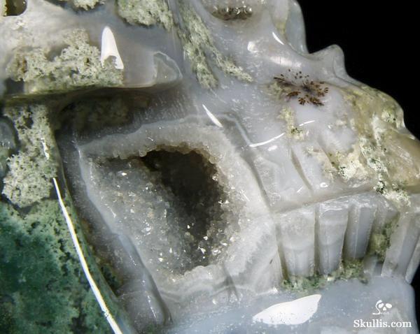 Geode Huge 5.2" Green Moss Agate Carved Crystal Skull, Realistic Geode Huge 5.2" Green Moss Agate Carved Crystal Skull, Realistic