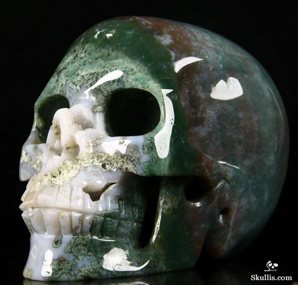 Geode Huge 5.2" Green Moss Agate Carved Crystal Skull, Realistic Geode Huge 5.2" Green Moss Agate Carved Crystal Skull, Realistic