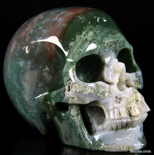 Geode Huge 5.2" Green Moss Agate Carved Crystal Skull, Realistic Geode Huge 5.2" Green Moss Agate Carved Crystal Skull, Realistic