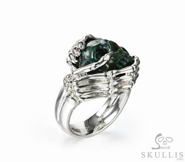 Embrace of Love - US size 9 Bloodstone Hand Carved Skull with Skeletal Hands in Silver Ring, Crystal Healing Skull Jewelry, for Women & Men Embrace of Love - US size 9 Bloodstone Hand Carved Skull with Skeletal Hands in Silver Ring, Crystal Healing Skull Jewelry, for Women & Men