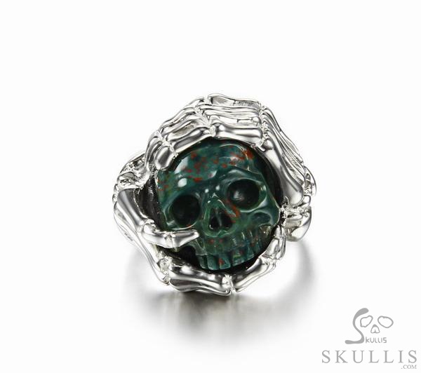Embrace of Love - US size 9 Bloodstone Hand Carved Skull with Skeletal Hands in Silver Ring, Crystal Healing Skull Jewelry, for Women & Men Embrace of Love - US size 9 Bloodstone Hand Carved Skull with Skeletal Hands in Silver Ring, Crystal Healing Skull Jewelry, for Women & Men