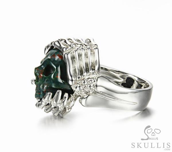 Embrace of Love - US size 9 Bloodstone Hand Carved Skull with Skeletal Hands in Silver Ring, Crystal Healing Skull Jewelry, for Women & Men Embrace of Love - US size 9 Bloodstone Hand Carved Skull with Skeletal Hands in Silver Ring, Crystal Healing Skull Jewelry, for Women & Men