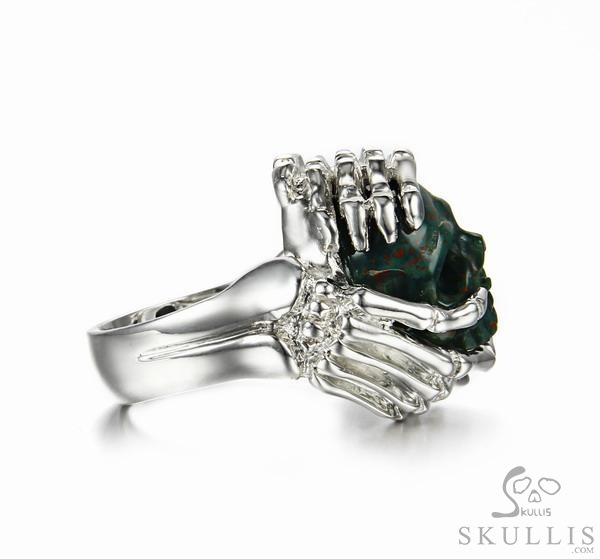 Embrace of Love - US size 9 Bloodstone Hand Carved Skull with Skeletal Hands in Silver Ring, Crystal Healing Skull Jewelry, for Women & Men Embrace of Love - US size 9 Bloodstone Hand Carved Skull with Skeletal Hands in Silver Ring, Crystal Healing Skull Jewelry, for Women & Men