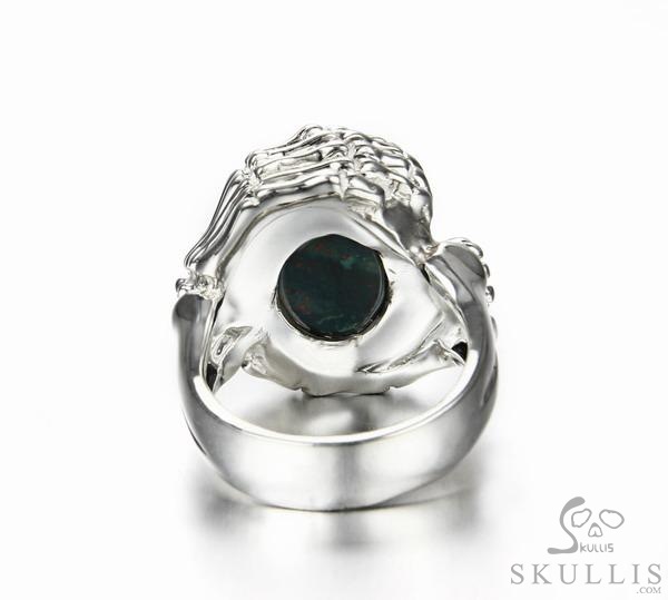 Embrace of Love - US size 9 Bloodstone Hand Carved Skull with Skeletal Hands in Silver Ring, Crystal Healing Skull Jewelry, for Women & Men Embrace of Love - US size 9 Bloodstone Hand Carved Skull with Skeletal Hands in Silver Ring, Crystal Healing Skull Jewelry, for Women & Men