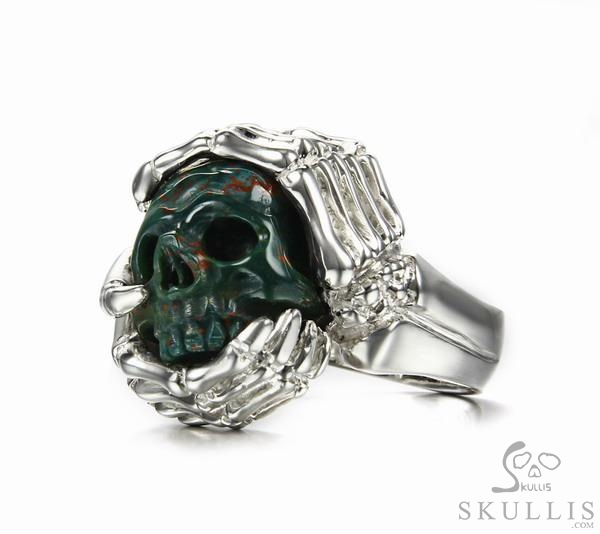Embrace of Love - US size 9 Bloodstone Hand Carved Skull with Skeletal Hands in Silver Ring, Crystal Healing Skull Jewelry, for Women & Men Embrace of Love - US size 9 Bloodstone Hand Carved Skull with Skeletal Hands in Silver Ring, Crystal Healing Skull Jewelry, for Women & Men