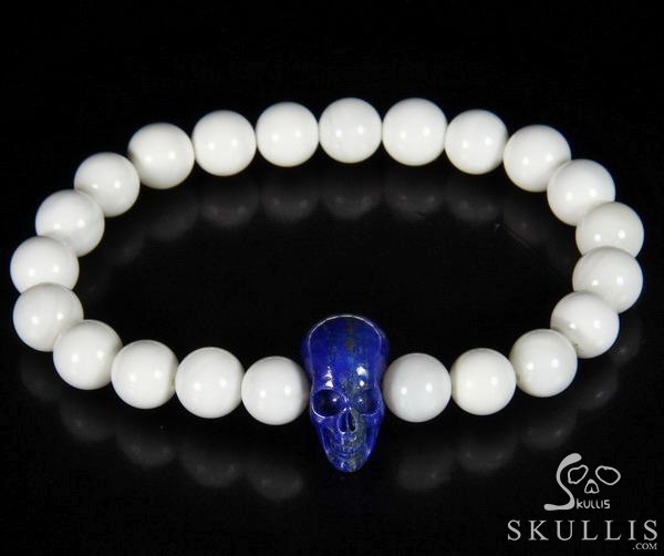 The Harmonious Pulse - Tridacna Gigas Beads Stretch Bracelet with Hand-Carved Lapis Lazuli Skull, Crystal Healing Skull Jewelry, for Women & Men The Harmonious Pulse - Tridacna Gigas Beads Stretch Bracelet with Hand-Carved Lapis Lazuli Skull, Crystal Healing Skull Jewelry, for Women & Men