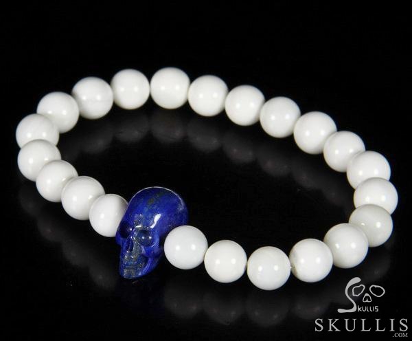 The Harmonious Pulse - Tridacna Gigas Beads Stretch Bracelet with Hand-Carved Lapis Lazuli Skull, Crystal Healing Skull Jewelry, for Women & Men The Harmonious Pulse - Tridacna Gigas Beads Stretch Bracelet with Hand-Carved Lapis Lazuli Skull, Crystal Healing Skull Jewelry, for Women & Men
