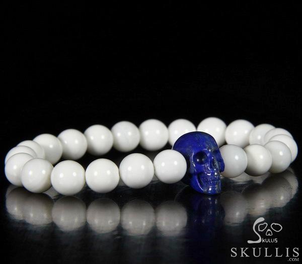 The Harmonious Pulse - Tridacna Gigas Beads Stretch Bracelet with Hand-Carved Lapis Lazuli Skull, Crystal Healing Skull Jewelry, for Women & Men The Harmonious Pulse - Tridacna Gigas Beads Stretch Bracelet with Hand-Carved Lapis Lazuli Skull, Crystal Healing Skull Jewelry, for Women & Men