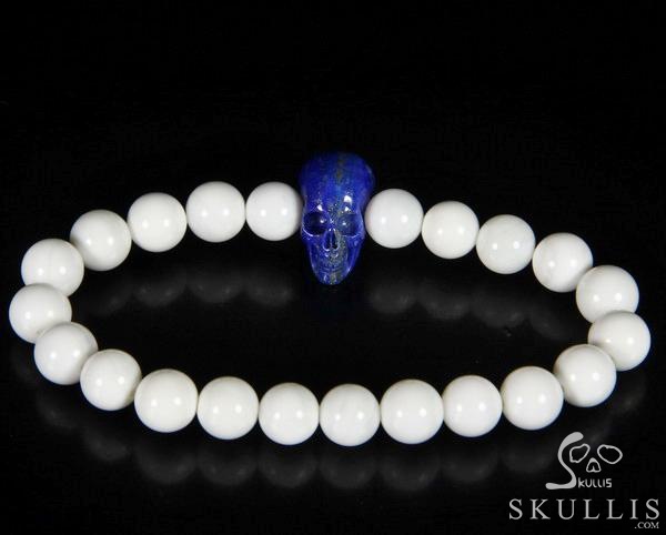 The Harmonious Pulse - Tridacna Gigas Beads Stretch Bracelet with Hand-Carved Lapis Lazuli Skull, Crystal Healing Skull Jewelry, for Women & Men The Harmonious Pulse - Tridacna Gigas Beads Stretch Bracelet with Hand-Carved Lapis Lazuli Skull, Crystal Healing Skull Jewelry, for Women & Men
