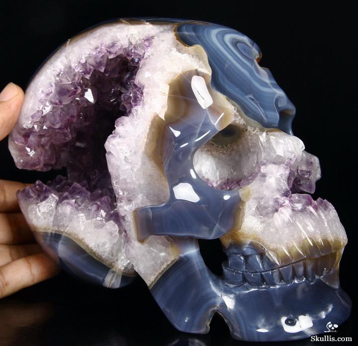 Unique Lifesized 8.1" Amethyst Geode Agate Carved Crystal Skull Unique Lifesized 8.1" Amethyst Geode Agate Carved Crystal Skull