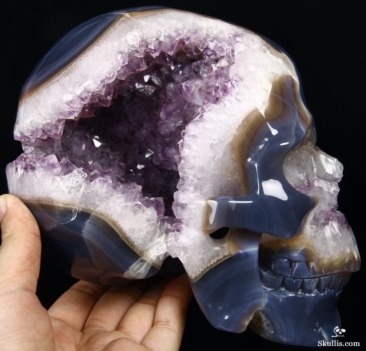 Unique Lifesized 8.1" Amethyst Geode Agate Carved Crystal Skull Unique Lifesized 8.1" Amethyst Geode Agate Carved Crystal Skull