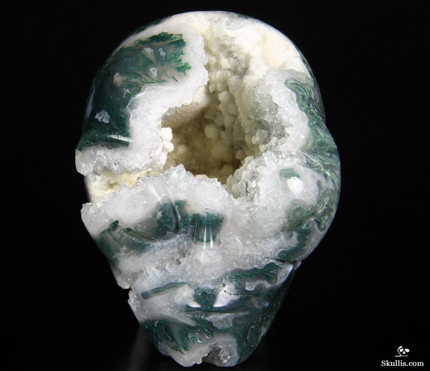 Huge 4.0" Green Moss Agate Carved Crystal Geode Alien Skull Huge 4.0" Green Moss Agate Carved Crystal Geode Alien Skull