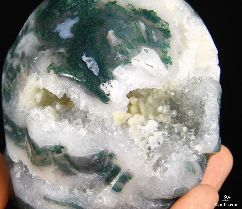 Huge 4.0" Green Moss Agate Carved Crystal Geode Alien Skull Huge 4.0" Green Moss Agate Carved Crystal Geode Alien Skull