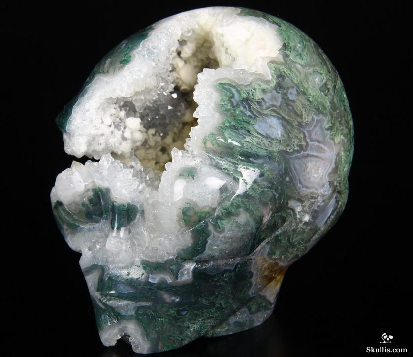 Huge 4.0" Green Moss Agate Carved Crystal Geode Alien Skull Huge 4.0" Green Moss Agate Carved Crystal Geode Alien Skull