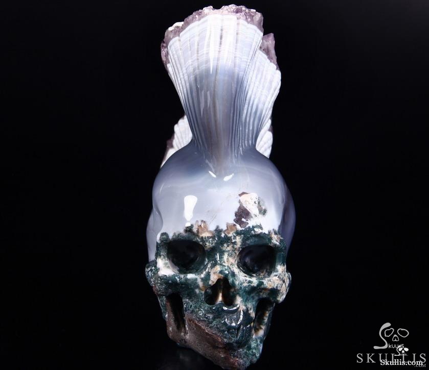 AMAZING DRUSE Giant 6.4" Agate Amethyst Carved Crystal Skull with Spine, Realistic AMAZING DRUSE Giant 6.4" Agate Amethyst Carved Crystal Skull with Spine, Realistic