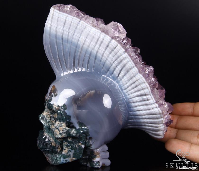 AMAZING DRUSE Giant 6.4" Agate Amethyst Carved Crystal Skull with Spine, Realistic AMAZING DRUSE Giant 6.4" Agate Amethyst Carved Crystal Skull with Spine, Realistic