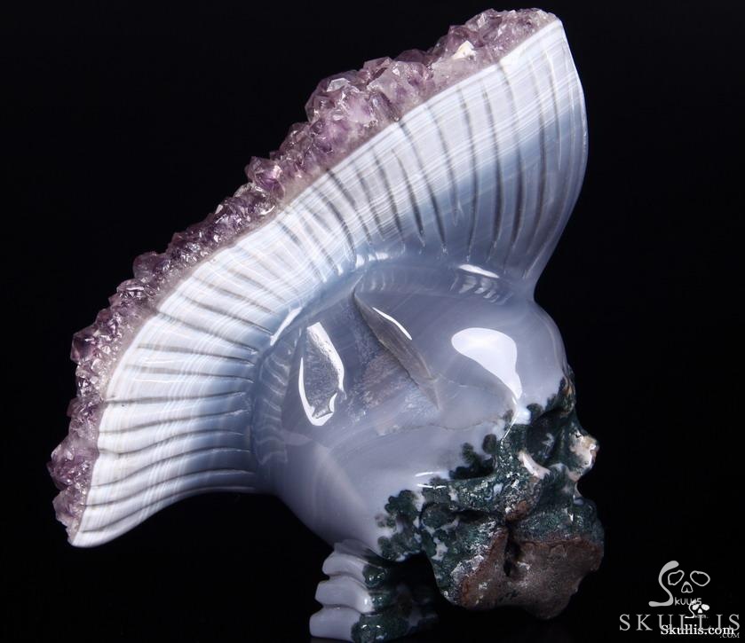 AMAZING DRUSE Giant 6.4" Agate Amethyst Carved Crystal Skull with Spine, Realistic AMAZING DRUSE Giant 6.4" Agate Amethyst Carved Crystal Skull with Spine, Realistic