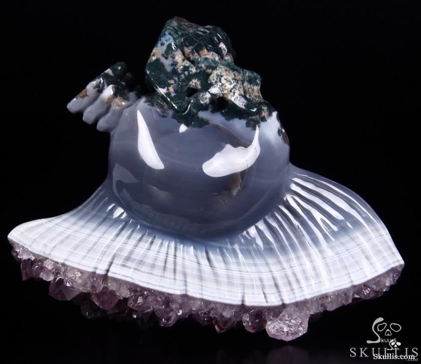 AMAZING DRUSE Giant 6.4" Agate Amethyst Carved Crystal Skull with Spine, Realistic AMAZING DRUSE Giant 6.4" Agate Amethyst Carved Crystal Skull with Spine, Realistic