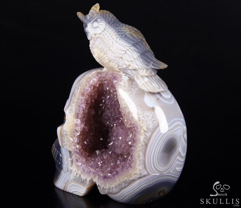 Lifesized 8.0" Amethyst Geode Agate Carved Crystal Skull with Owl Sculpture Lifesized 8.0" Amethyst Geode Agate Carved Crystal Skull with Owl Sculpture