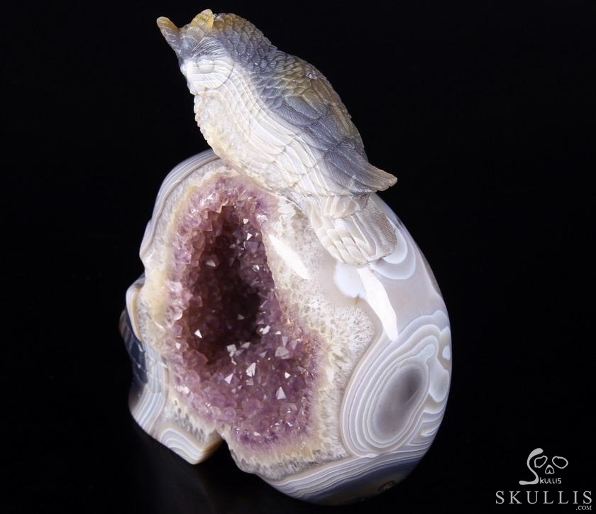 Lifesized 8.0" Amethyst Geode Agate Carved Crystal Skull with Owl Sculpture Lifesized 8.0" Amethyst Geode Agate Carved Crystal Skull with Owl Sculpture