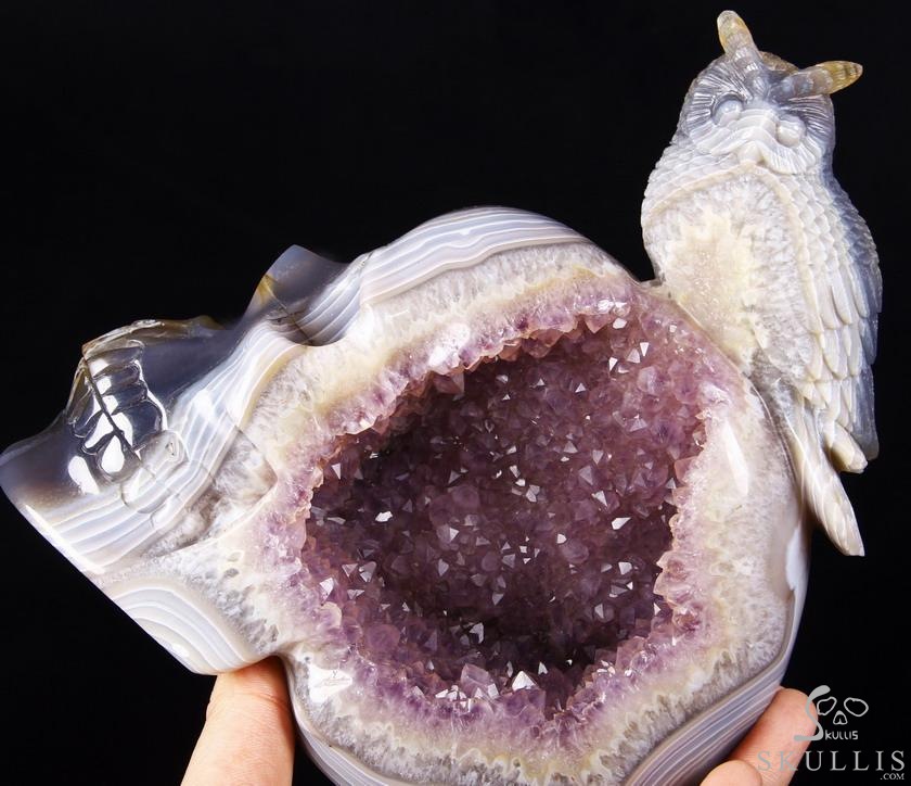 Lifesized 8.0" Amethyst Geode Agate Carved Crystal Skull with Owl Sculpture Lifesized 8.0" Amethyst Geode Agate Carved Crystal Skull with Owl Sculpture