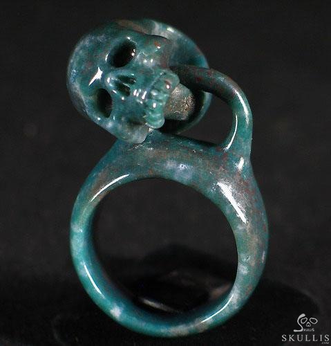 Indian Agate Carved Crystal Skull Ring, Size 9 1/2 Indian Agate Carved Crystal Skull Ring, Size 9 1/2