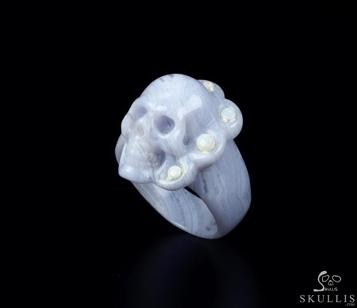 Opal with Blue Lace Agate Carved Crystal Skull Ring, Size 12 Opal with Blue Lace Agate Carved Crystal Skull Ring, Size 12