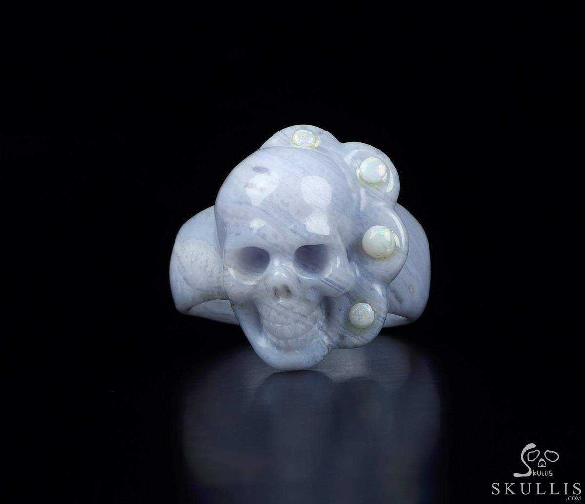 Opal with Blue Lace Agate Carved Crystal Skull Ring, Size 12 Opal with Blue Lace Agate Carved Crystal Skull Ring, Size 12