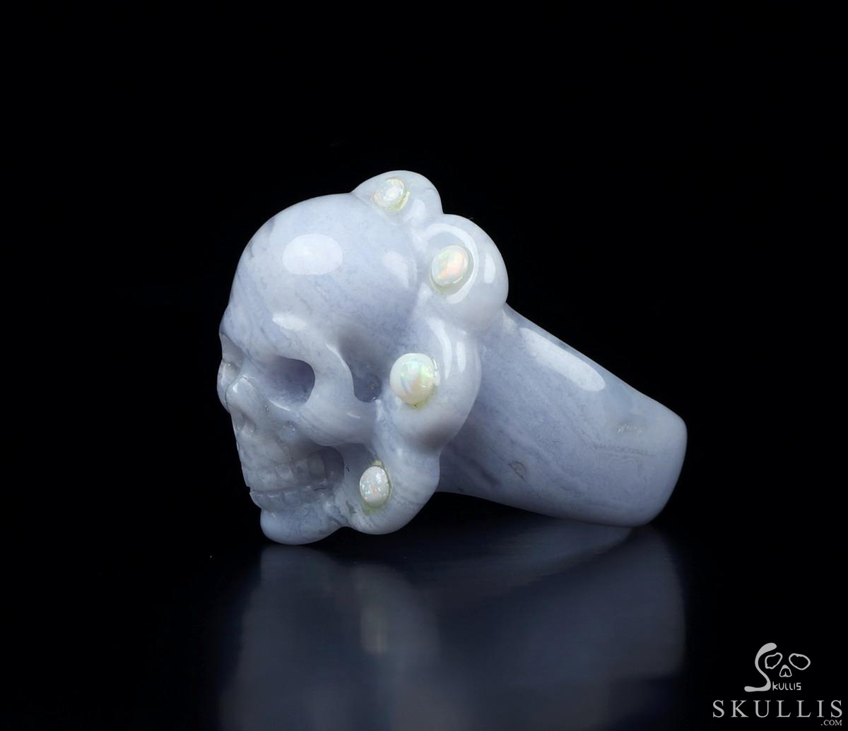 Opal with Blue Lace Agate Carved Crystal Skull Ring, Size 12 Opal with Blue Lace Agate Carved Crystal Skull Ring, Size 12