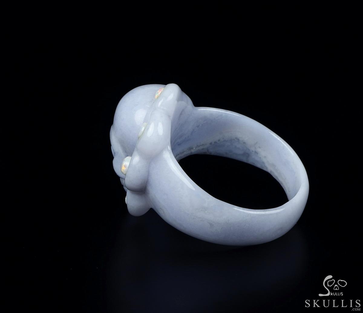 Opal with Blue Lace Agate Carved Crystal Skull Ring, Size 12 Opal with Blue Lace Agate Carved Crystal Skull Ring, Size 12