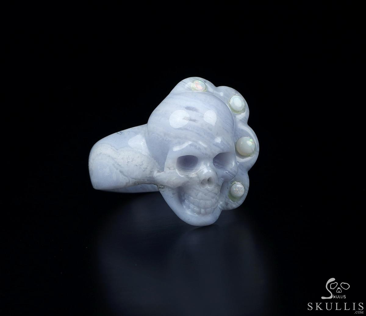 Opal with Blue Lace Agate Carved Crystal Skull Ring, Size 12 Opal with Blue Lace Agate Carved Crystal Skull Ring, Size 12