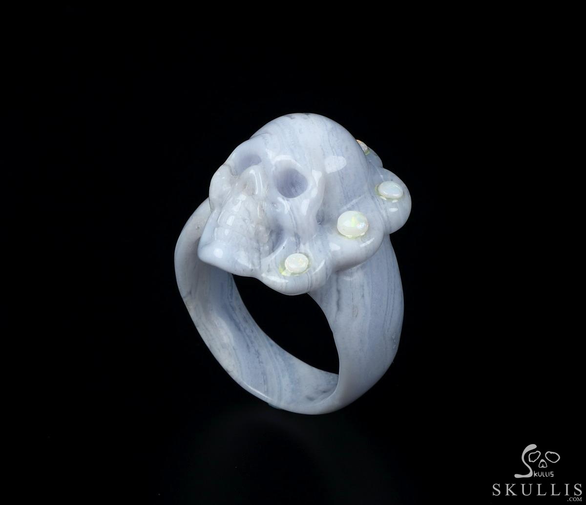 Opal with Blue Lace Agate Carved Crystal Skull Ring, Size 12 Opal with Blue Lace Agate Carved Crystal Skull Ring, Size 12