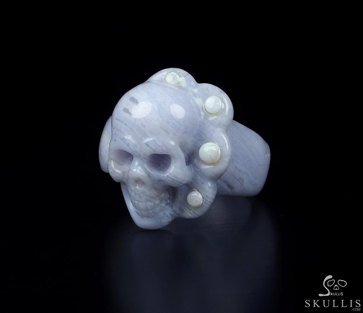 Opal with Blue Lace Agate Carved Crystal Skull Ring, Size 12 Opal with Blue Lace Agate Carved Crystal Skull Ring, Size 12