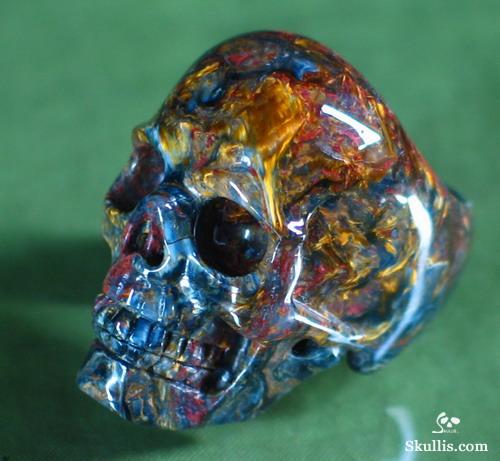 Bule & Gold Pietersite Carved Crystal Skull Ring, Size 9 1/8 Bule & Gold Pietersite Carved Crystal Skull Ring, Size 9 1/8