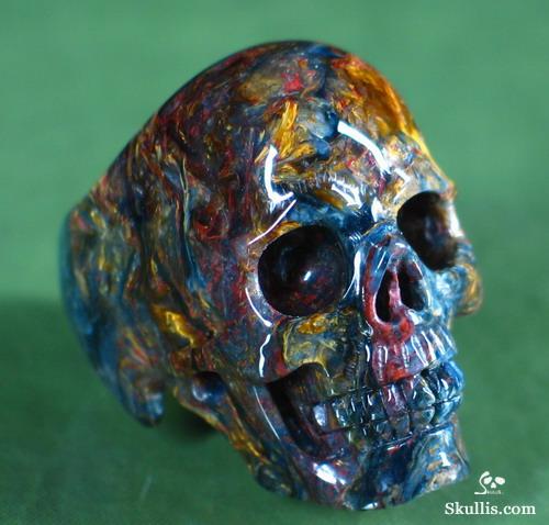 Bule & Gold Pietersite Carved Crystal Skull Ring, Size 9 1/8 Bule & Gold Pietersite Carved Crystal Skull Ring, Size 9 1/8
