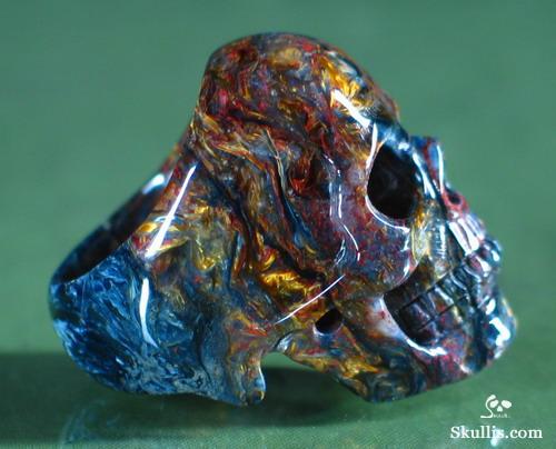 Bule & Gold Pietersite Carved Crystal Skull Ring, Size 9 1/8 Bule & Gold Pietersite Carved Crystal Skull Ring, Size 9 1/8