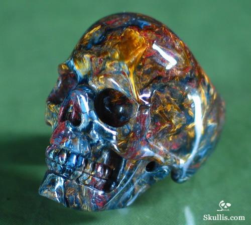 Bule & Gold Pietersite Carved Crystal Skull Ring, Size 9 1/8 Bule & Gold Pietersite Carved Crystal Skull Ring, Size 9 1/8