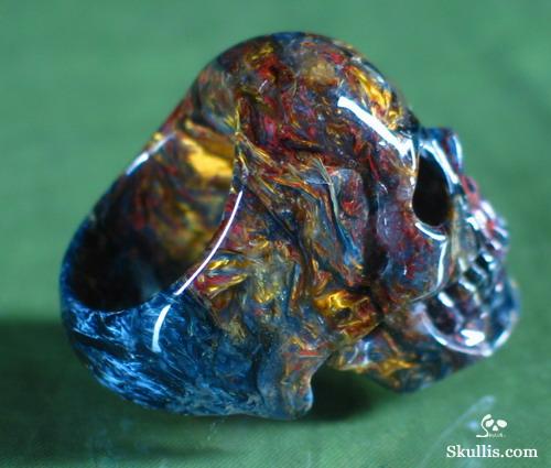 Bule & Gold Pietersite Carved Crystal Skull Ring, Size 9 1/8 Bule & Gold Pietersite Carved Crystal Skull Ring, Size 9 1/8