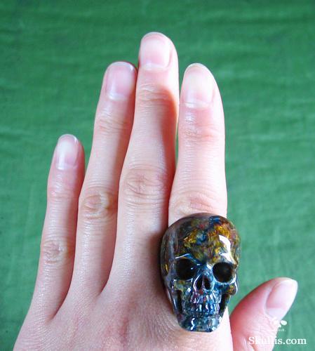 Bule & Gold Pietersite Carved Crystal Skull Ring, Size 9 1/8 Bule & Gold Pietersite Carved Crystal Skull Ring, Size 9 1/8