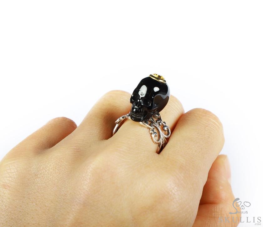 Black Onyx & 925 Sterling Silver Carved Crystal Skull Ring with Citrine,925 Sterling Silver Over 18K Gold. 8 1/2# Black Onyx & 925 Sterling Silver Carved Crystal Skull Ring with Citrine,925 Sterling Silver Over 18K Gold. 8 1/2#