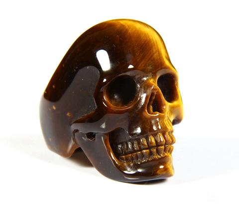 9 1/2 Gold Tiger Eye Carved Crystal Skull Ring - Skullis Gemstone 