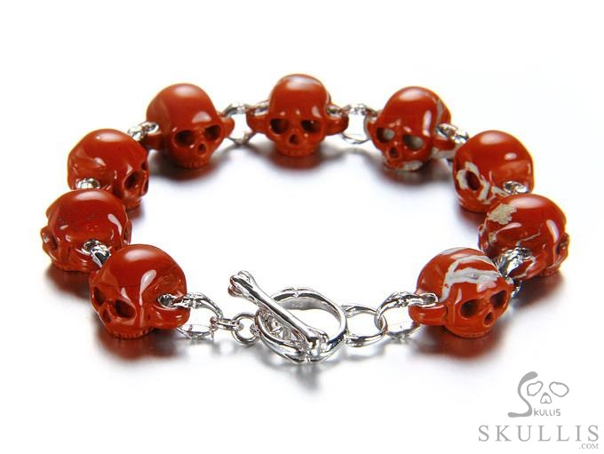 Red Vow - Bracelet of Hand Carved Red Jasper Skulls with 925 Sterling Silver, Crystal Healing Skull Jewelry, for Women & Men Red Vow - Bracelet of Hand Carved Red Jasper Skulls with 925 Sterling Silver, Crystal Healing Skull Jewelry, for Women & Men