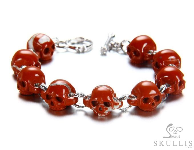 Red Vow - Bracelet of Hand Carved Red Jasper Skulls with 925 Sterling Silver, Crystal Healing Skull Jewelry, for Women & Men Red Vow - Bracelet of Hand Carved Red Jasper Skulls with 925 Sterling Silver, Crystal Healing Skull Jewelry, for Women & Men
