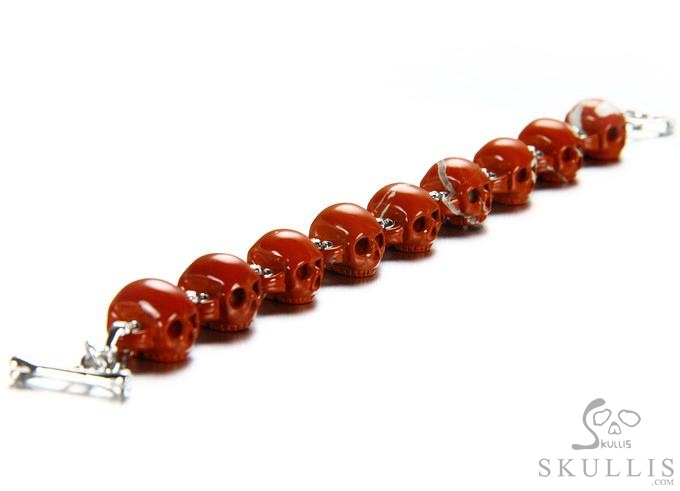 Red Vow - Bracelet of Hand Carved Red Jasper Skulls with 925 Sterling Silver, Crystal Healing Skull Jewelry, for Women & Men Red Vow - Bracelet of Hand Carved Red Jasper Skulls with 925 Sterling Silver, Crystal Healing Skull Jewelry, for Women & Men