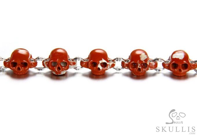 Red Vow - Bracelet of Hand Carved Red Jasper Skulls with 925 Sterling Silver, Crystal Healing Skull Jewelry, for Women & Men Red Vow - Bracelet of Hand Carved Red Jasper Skulls with 925 Sterling Silver, Crystal Healing Skull Jewelry, for Women & Men