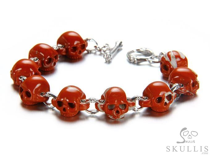 Red Vow - Bracelet of Hand Carved Red Jasper Skulls with 925 Sterling Silver, Crystal Healing Skull Jewelry, for Women & Men Red Vow - Bracelet of Hand Carved Red Jasper Skulls with 925 Sterling Silver, Crystal Healing Skull Jewelry, for Women & Men