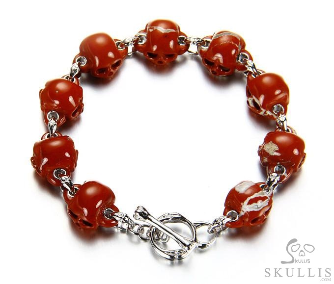 Red Vow - Bracelet of Hand Carved Red Jasper Skulls with 925 Sterling Silver, Crystal Healing Skull Jewelry, for Women & Men Red Vow - Bracelet of Hand Carved Red Jasper Skulls with 925 Sterling Silver, Crystal Healing Skull Jewelry, for Women & Men